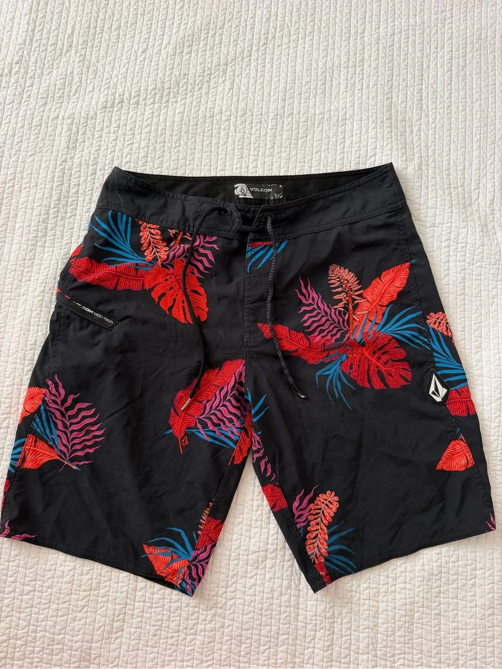 Volcom Black Board Shorts with Red, Pink & Blue Tropical Leaves